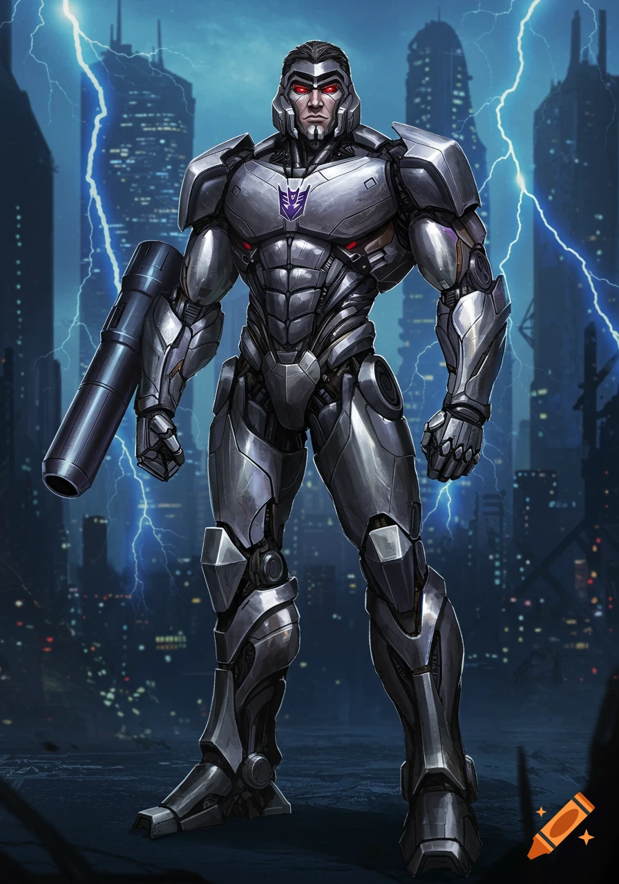 A human-like Megatron in metallic armor with an arm cannon stands in a futuristic city under a lightning storm.