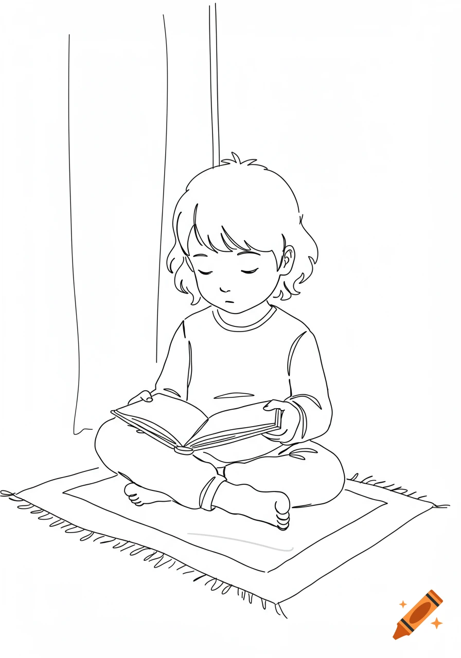 A child sits cross-legged on a rug, reading a book in a simple black line drawing style.
