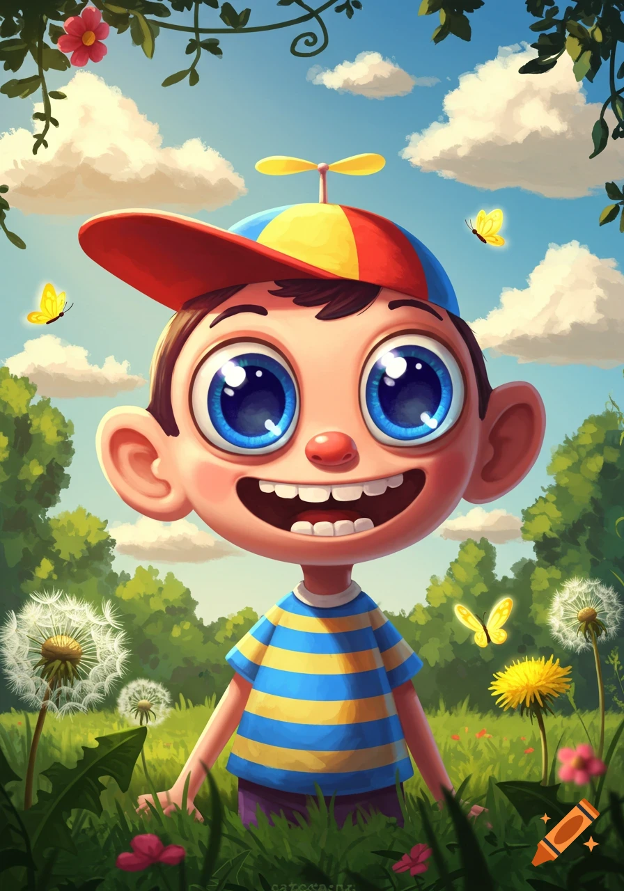 A wide-eyed cartoon boy in a propeller hat and striped shirt smiles in a vibrant green field with dandelions and butterflies under a blue sky.
