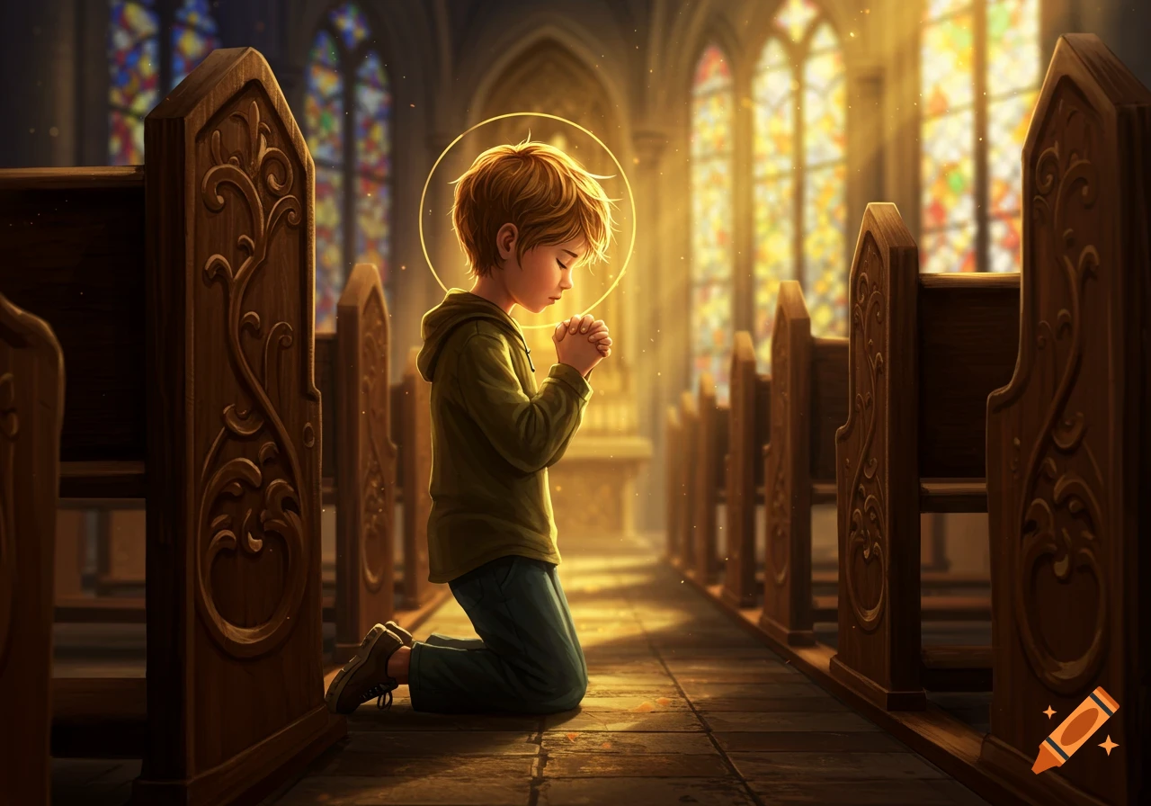 A young boy kneels and prays in a sunlit church, with a golden halo around his head and stained glass windows in the background.