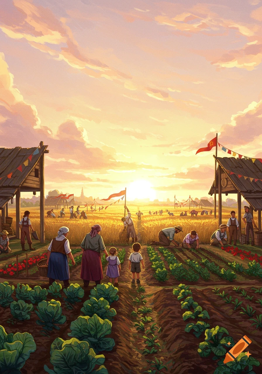 Illustrated scene of people farming in fields at sunset, with villagers, children, and banners.
