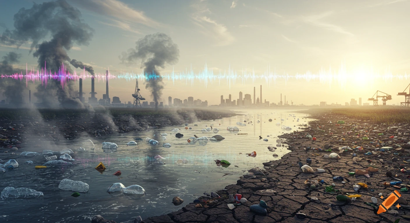 Polluted river, dry cracked land, factories with smoke, city skyline, and sound waves at sunset.