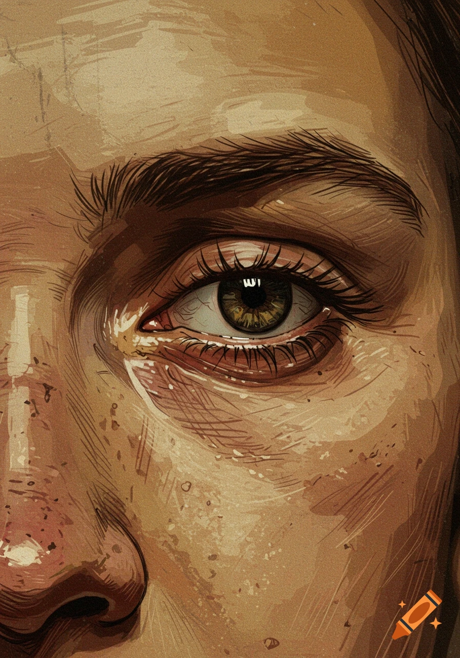 Close-up illustration of a human eye looking down, rendered in the distinctive Egon Schiele style with textured skin and strong lines.