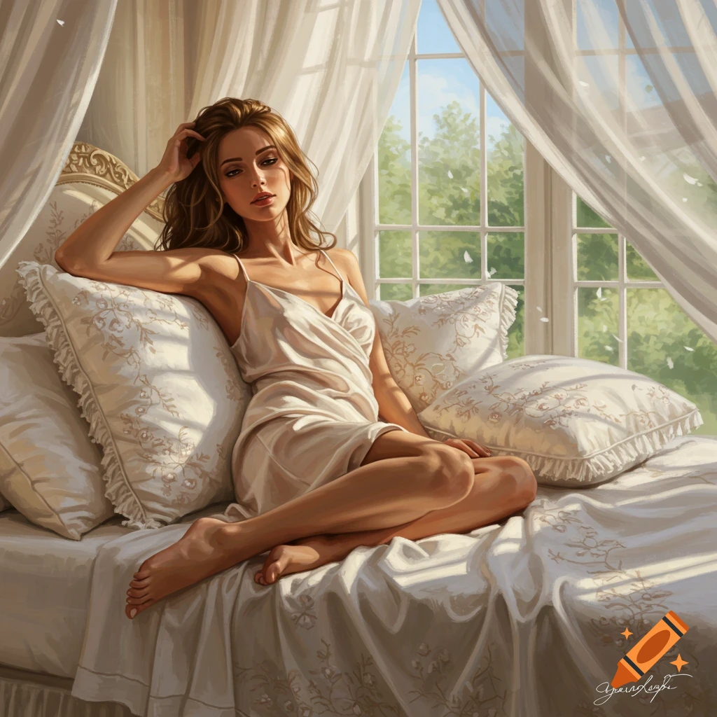 A woman in a white slip dress sits on a canopy bed in a sunlit bedroom, looking towards the viewer.