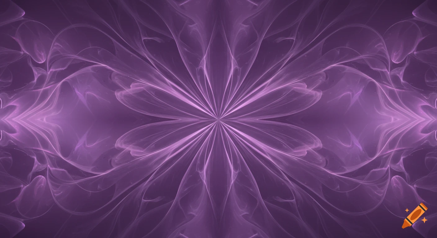 An intricate, symmetrical abstract fractal pattern in vibrant shades of purple, with radiating lines and flowing, smoky textures.