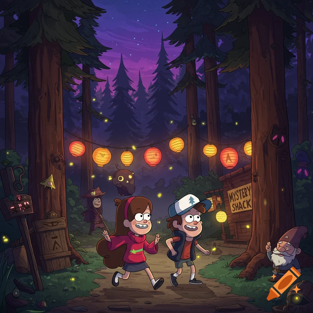 Dipper and Mabel from Gravity Falls run through a spooky forest at night, illuminated by lanterns, past the Mystery Shack, in an anime style.
