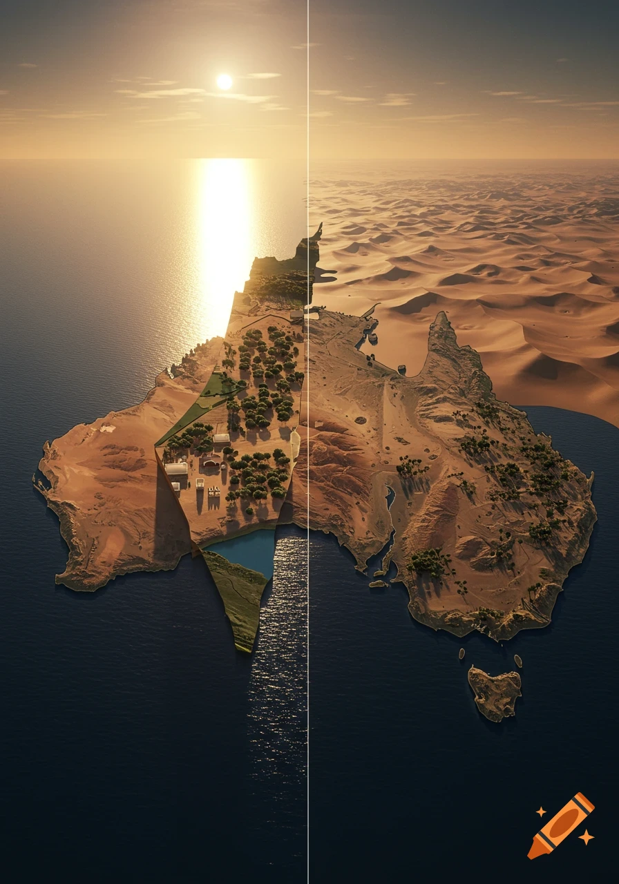 Photorealistic aerial view of Australia, vertically split. Left: green coast, settlements, sunlit ocean. Right: desert dunes.