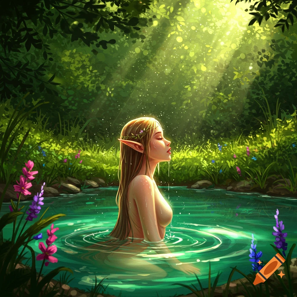 An elf with long hair bathes in a serene, sunlit forest pool, surrounded by lush greenery and flowers.