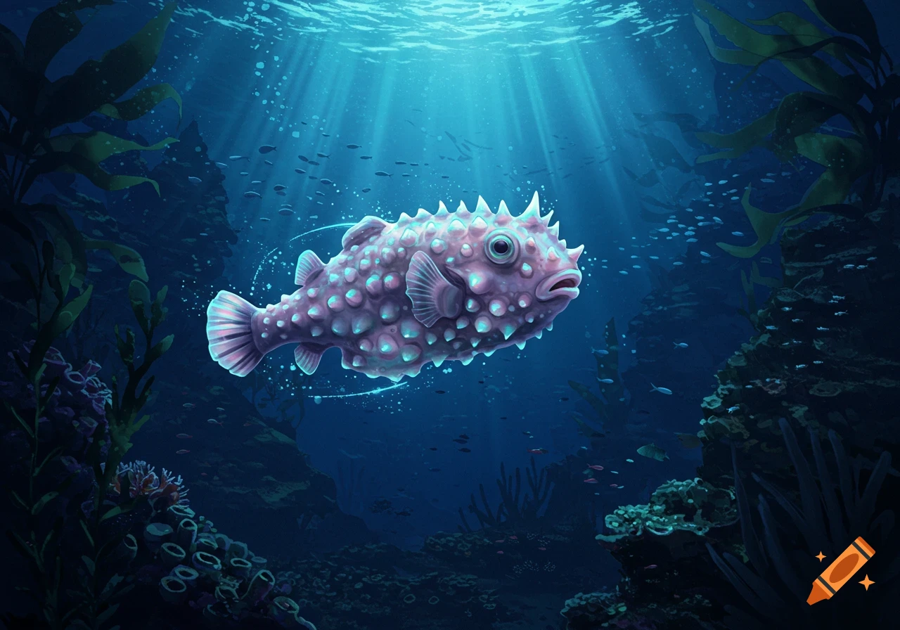 A bumpy, spiky pink-purple fish with glowing blue spots swims in a deep blue underwater scene with coral and sunlight.