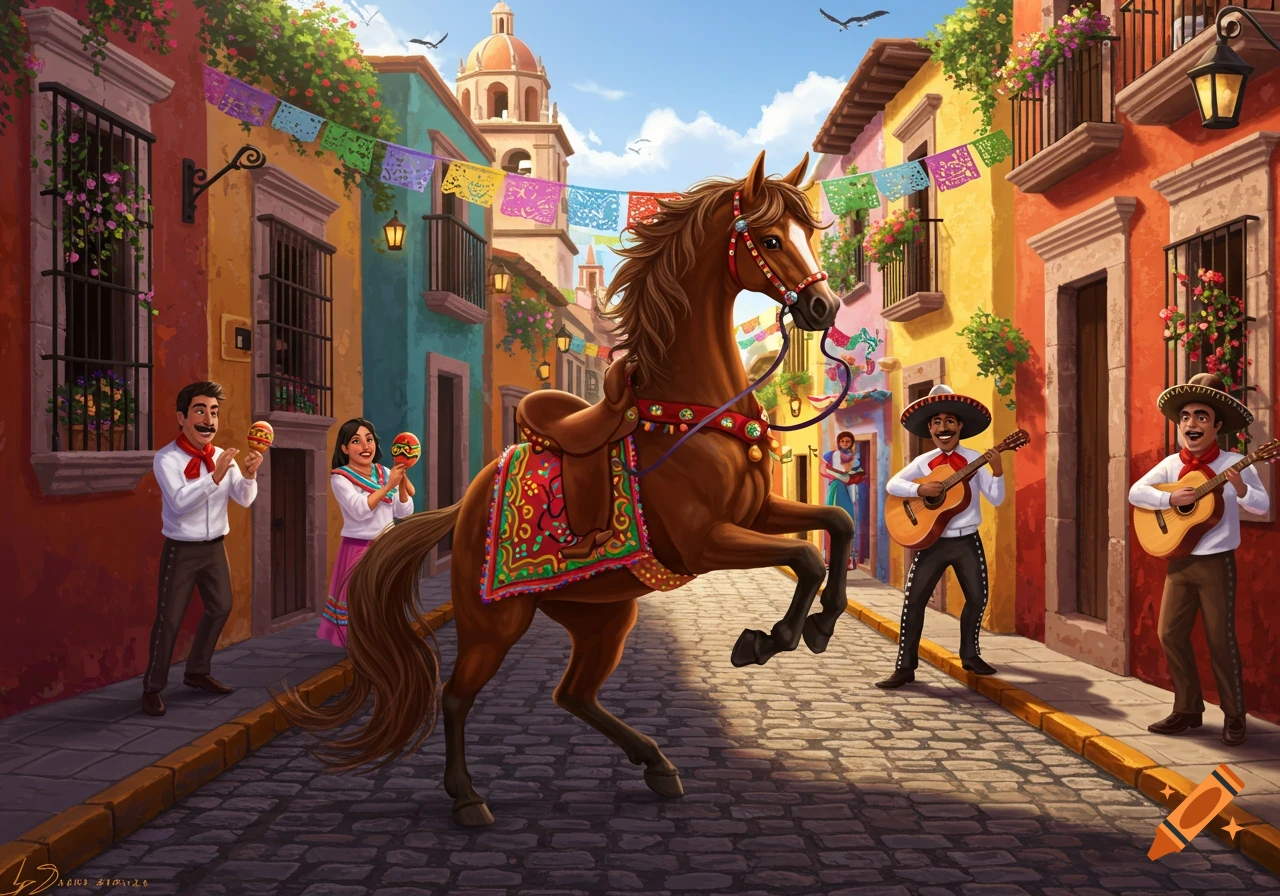 Vibrant illustration of a horse rearing in a festive Mexican city street, with mariachis playing guitars and people holding maracas.