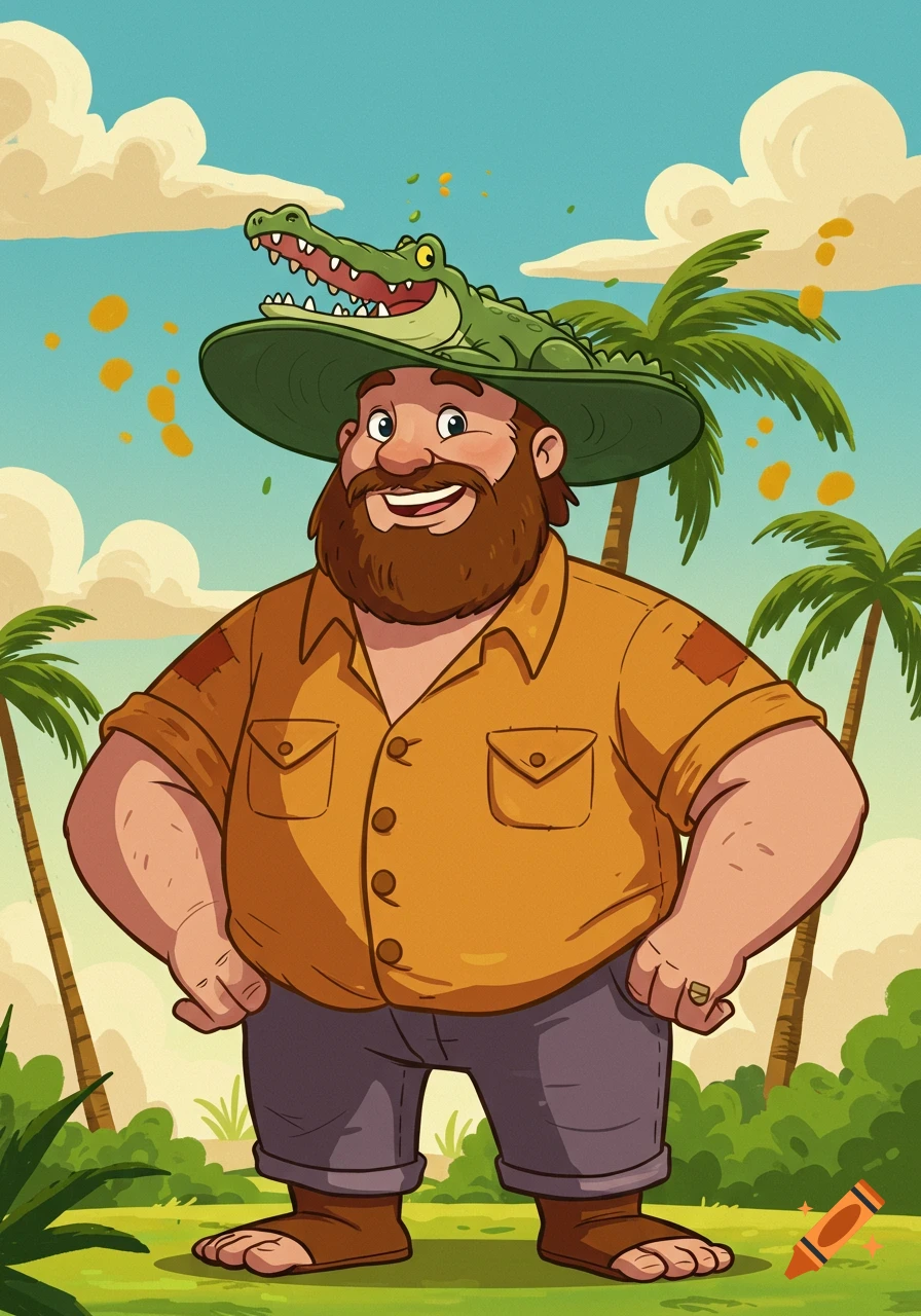 A Disney-style cartoon of a bearded man in an orange shirt and a green hat with a smiling crocodile on it, standing in a tropical setting.