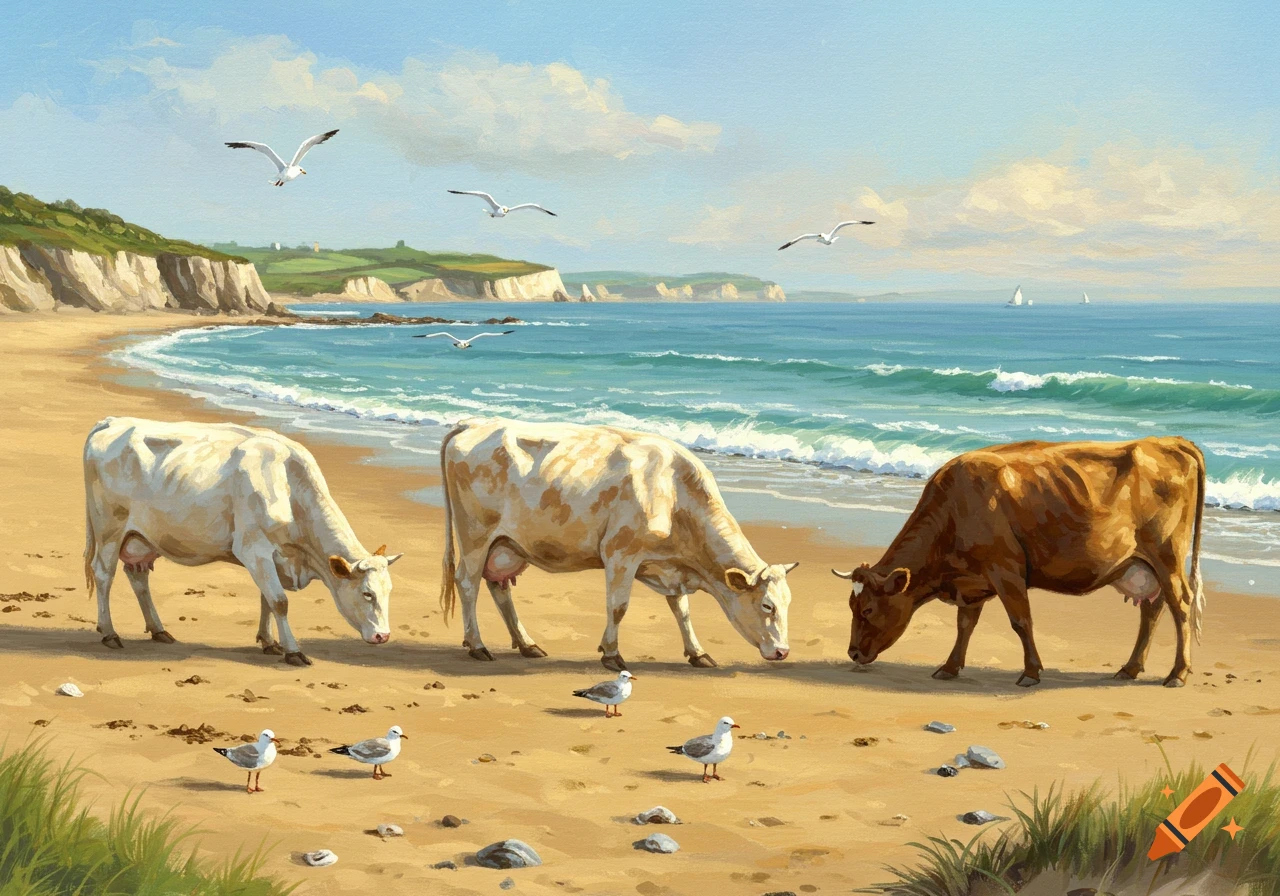 Three cows graze on a sandy beach by a blue ocean with white cliffs and seagulls, in a painterly style.