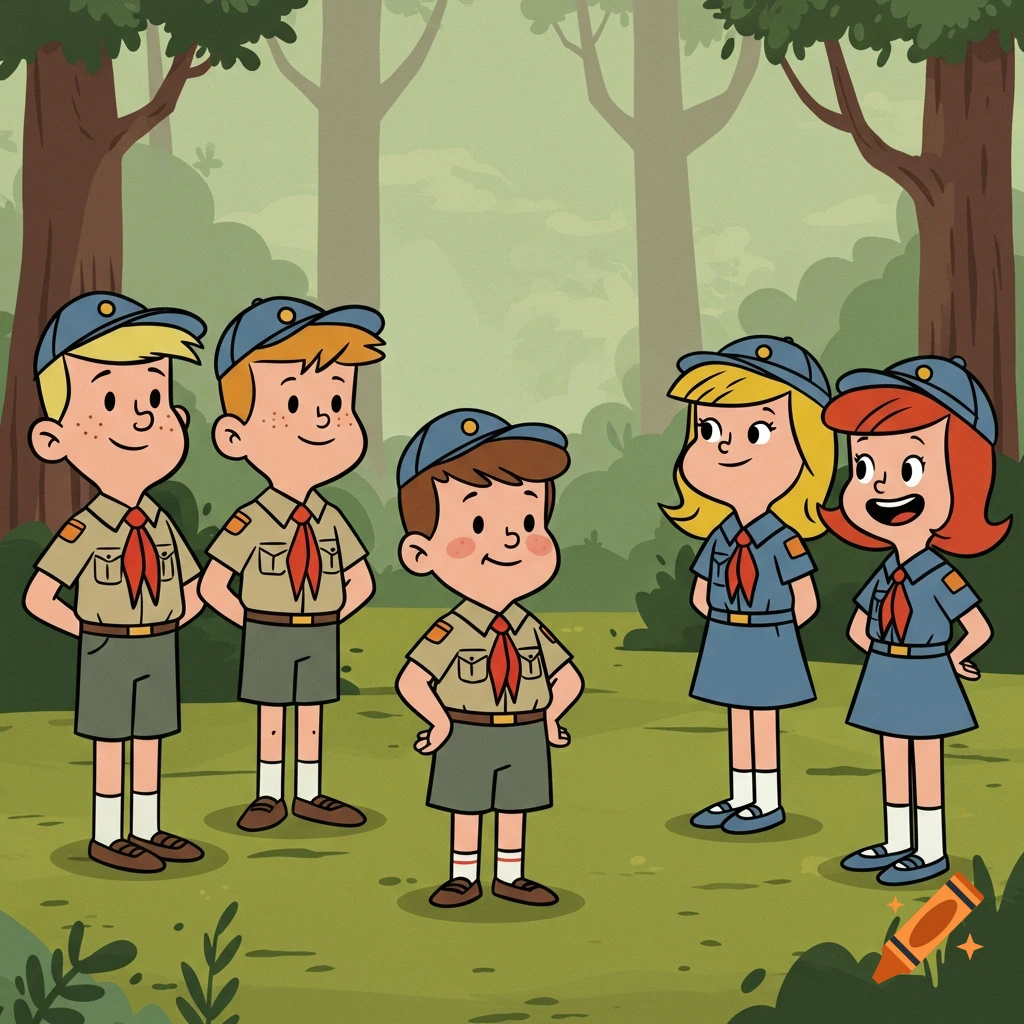 Cartoon image of five children in scout uniforms (three boys, two girls) standing in a forest, Hanna-Barbera style.