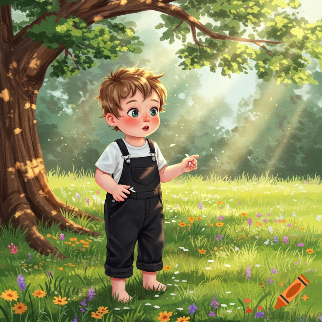 A curious cartoon toddler in black overalls and a white shirt stands barefoot in a sunny, flower-filled grassy field, pointing and looking surprised.