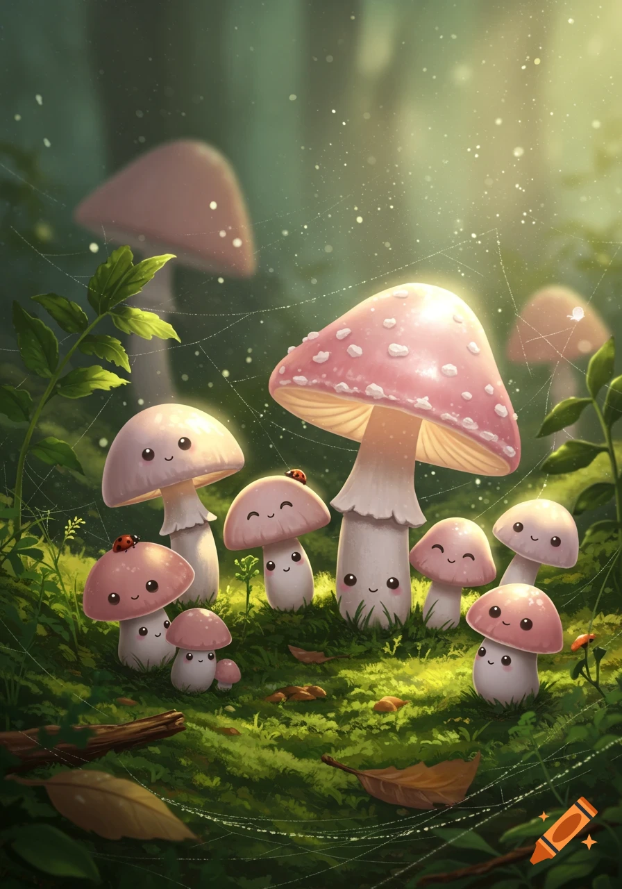 Cute anthropomorphic mushrooms with smiling faces and ladybugs in a sunlit, mossy forest.