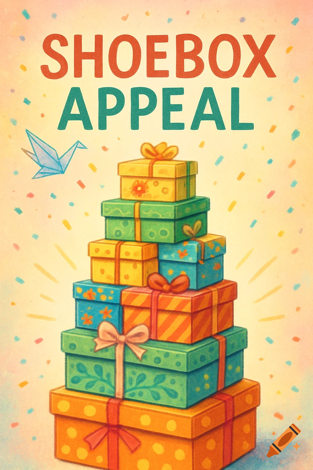 An illustration of a tall stack of colorful gift boxes with the text 'Shoebox Appeal', confetti, and an origami crane on a warm background.