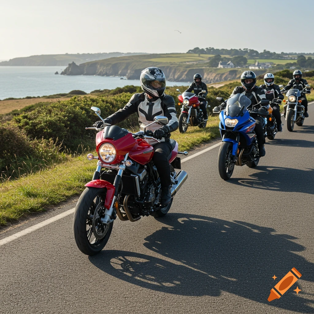 Group of motorcyclists riding on a winding coastal road on a sunny day.