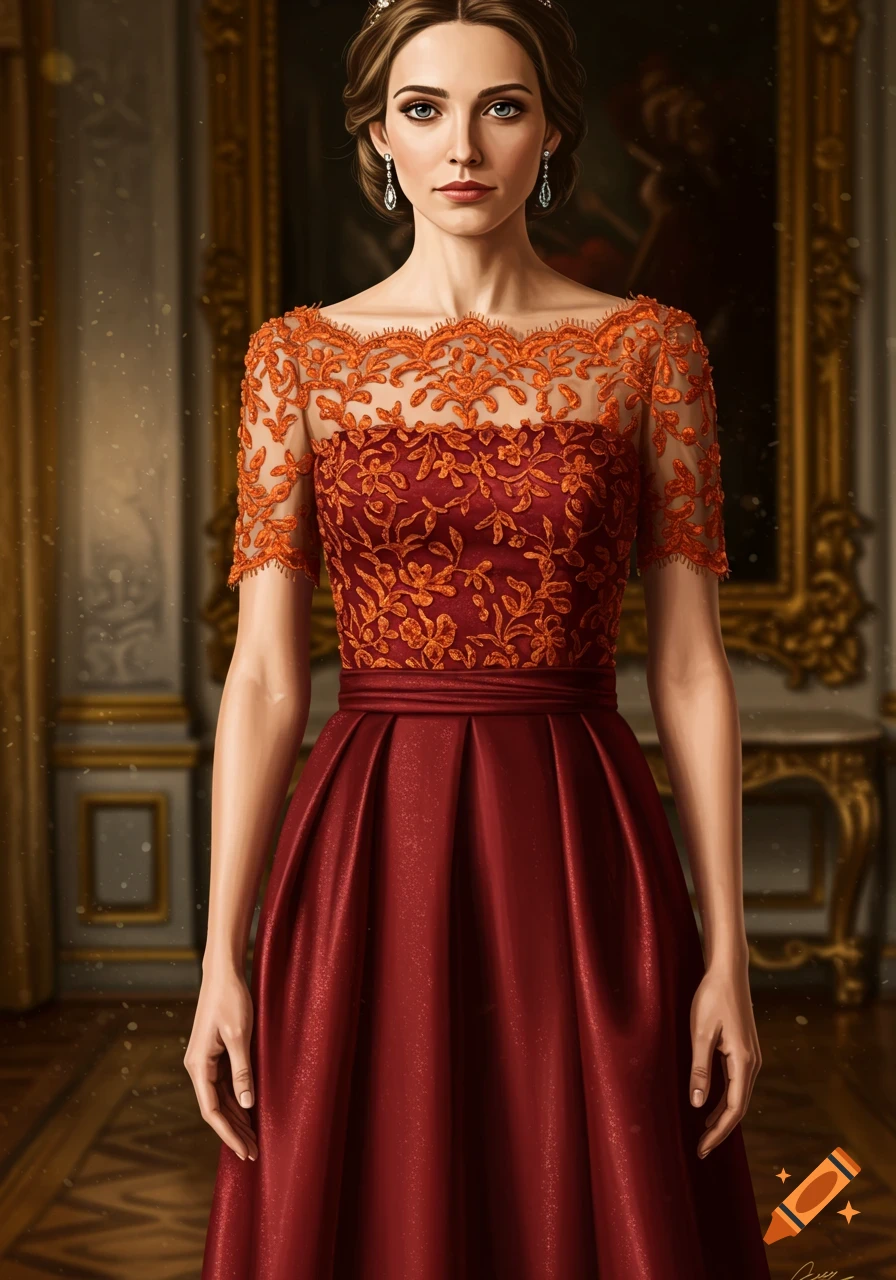 A photorealistic painting of a woman in a luxurious red gown with orange lace, standing in a grand hall.