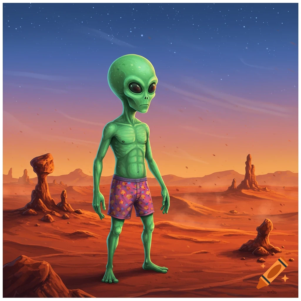 A cartoon green alien wearing colorful patterned shorts stands in a vast red desert landscape under a starry gradient sky.