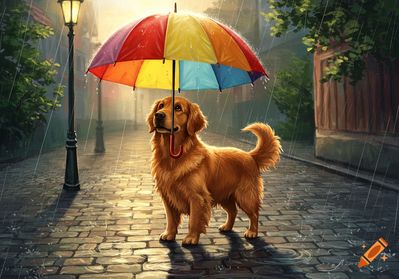 A golden retriever dog stands on a cobblestone street under a colorful umbrella during a rainy day, in an illustrated style.