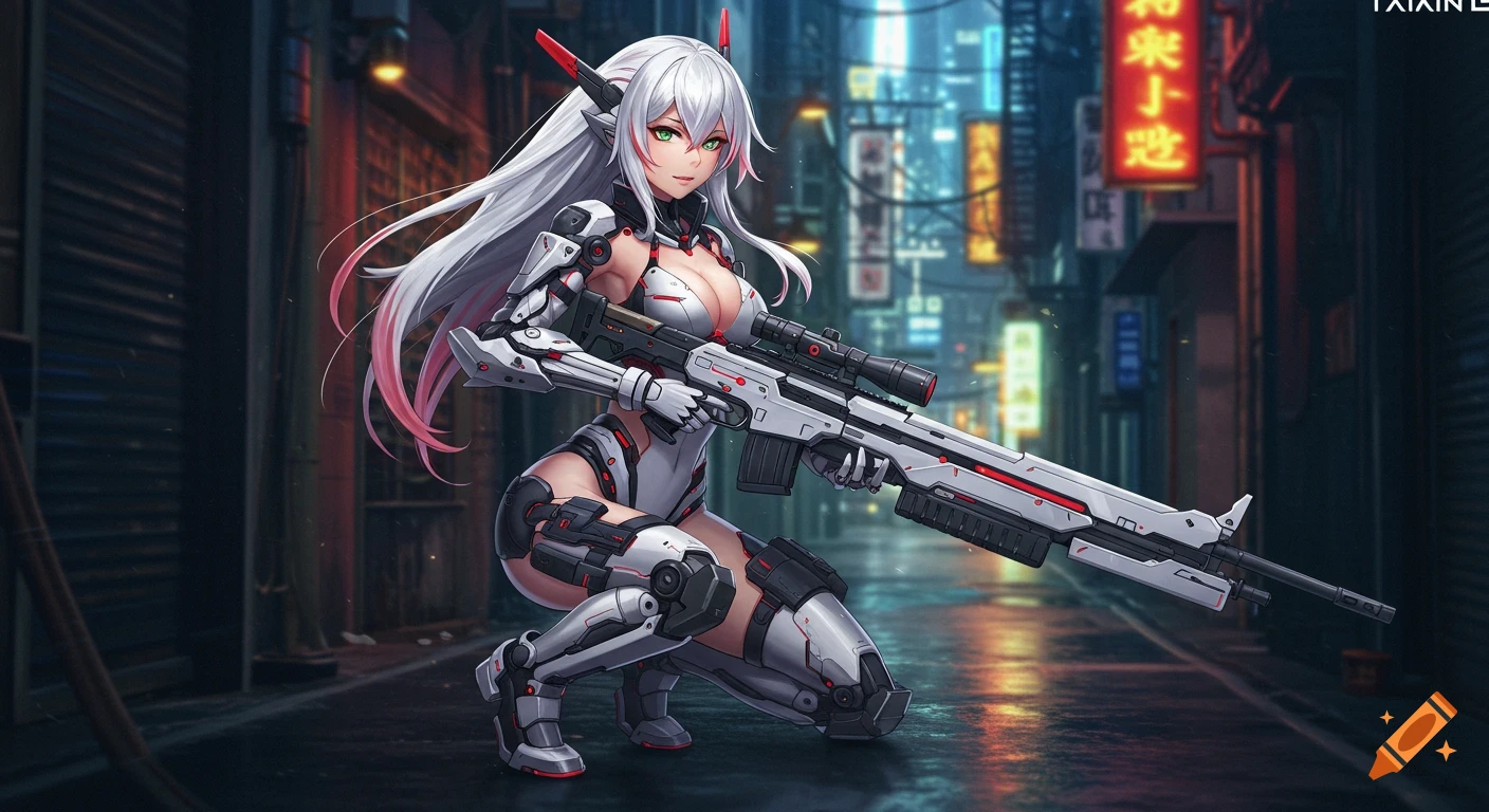 An anime mecha girl with white and red futuristic armor, white hair, and green eyes crouches with a large sci-fi rifle in a dark, glowing cyberpunk alley.