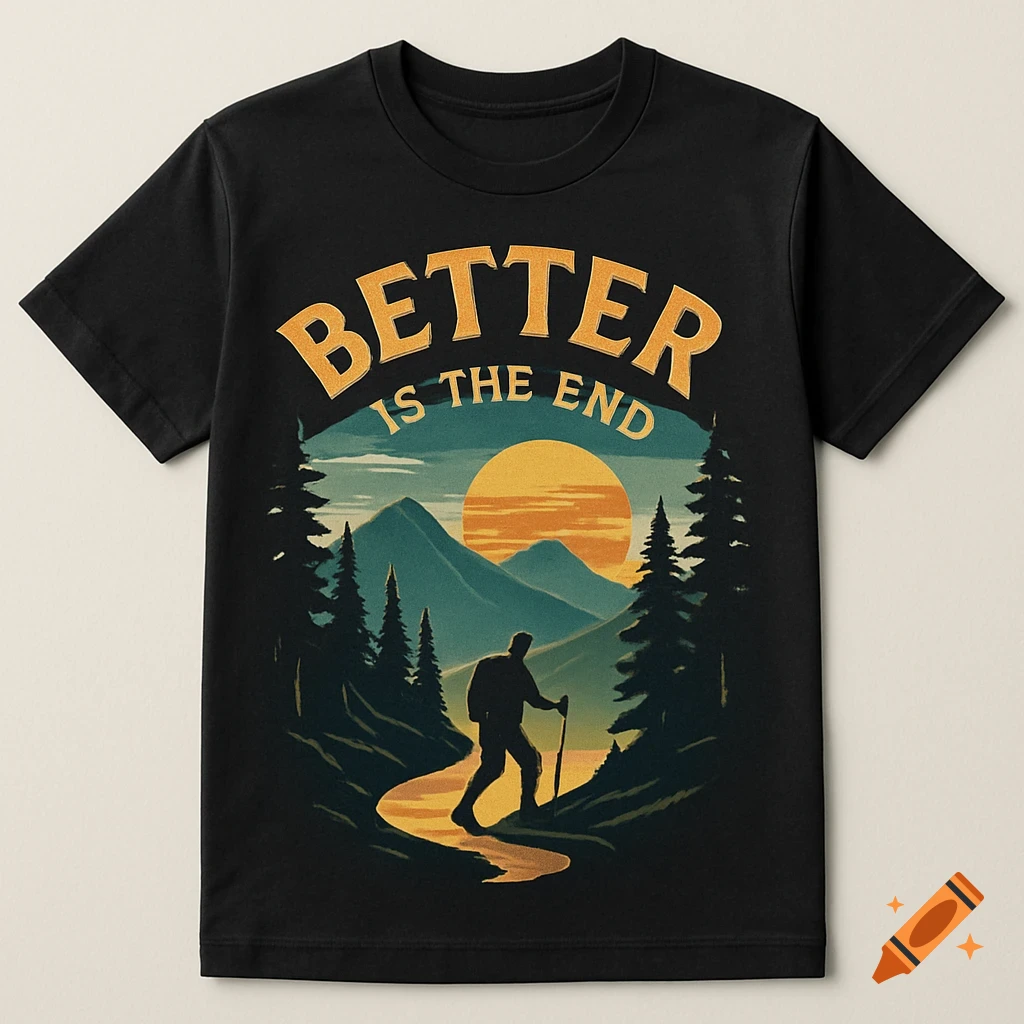 Black t-shirt with vintage-style graphic of a hiker walking a path through mountains at sunset, text reads "BETTER IS THE END".