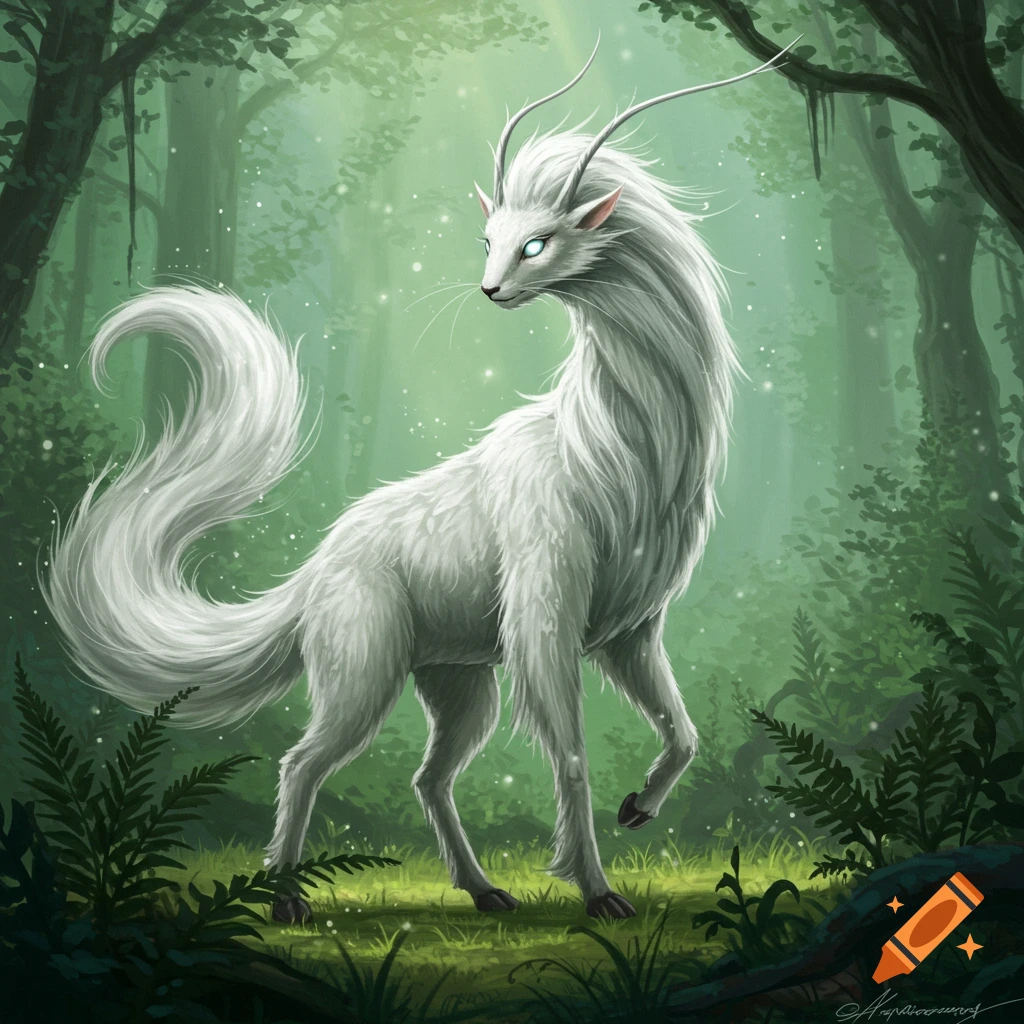 A graceful white mythical creature with fluffy fur, glowing eyes, and long horns stands in a mystical forest with sparkling light.