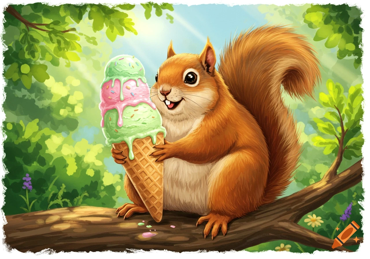 A cute, plump cartoon squirrel sits on a branch, happily holding a large melting triple-scoop ice cream cone in a sunlit forest.