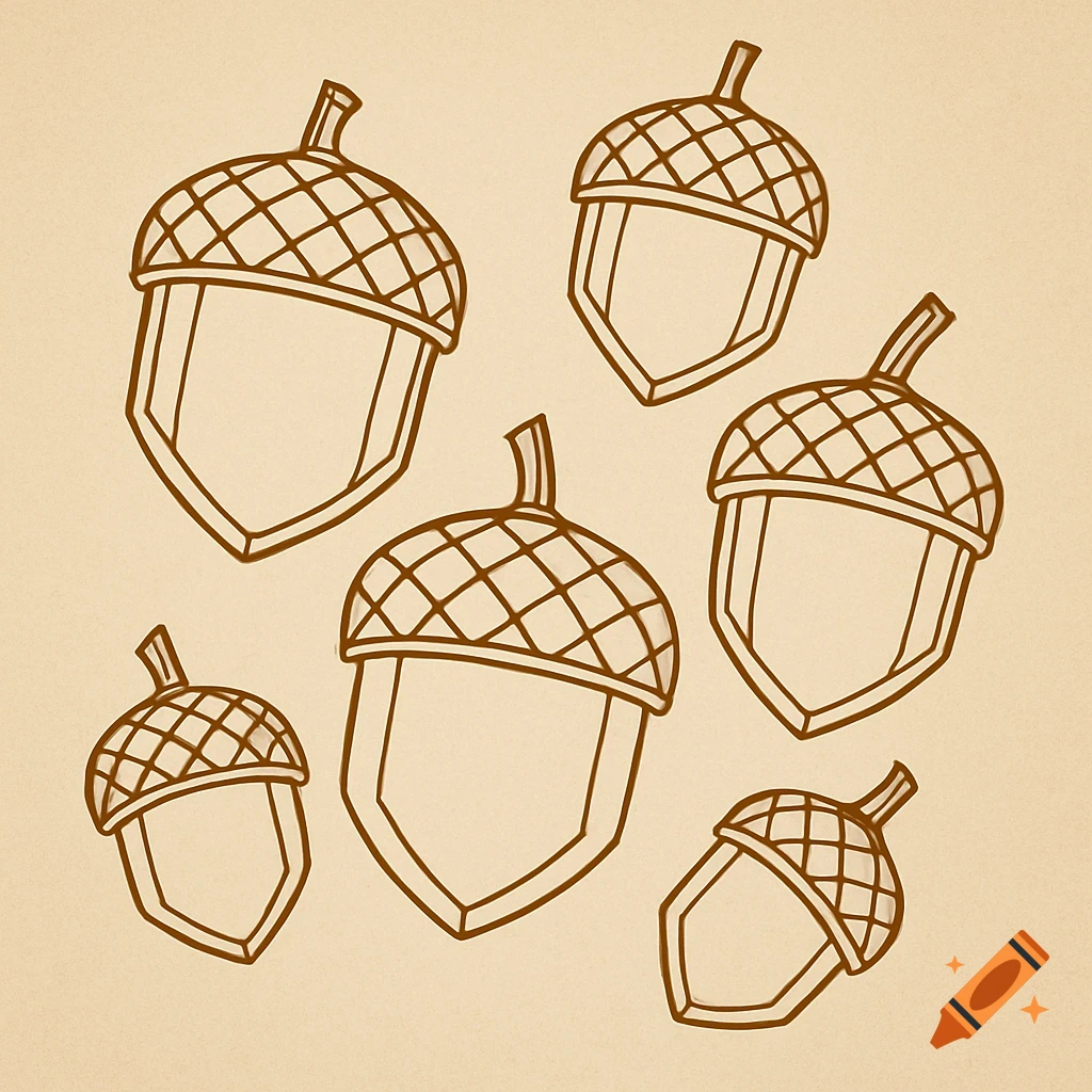 Outline drawings of several acorns on a textured, light brown background.