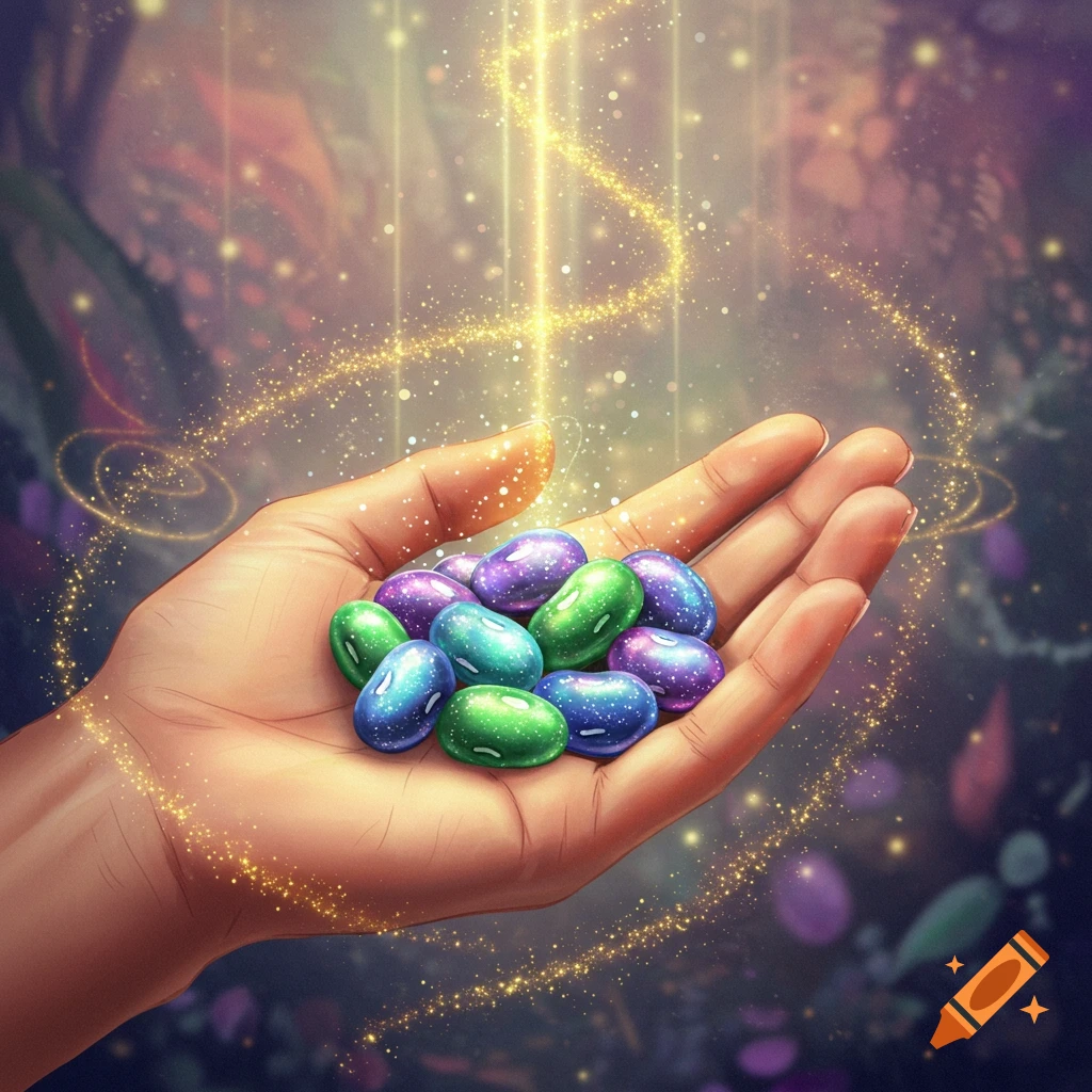 A hand holds a pile of shiny blue, green, and purple beans, surrounded by golden magical light and dust.