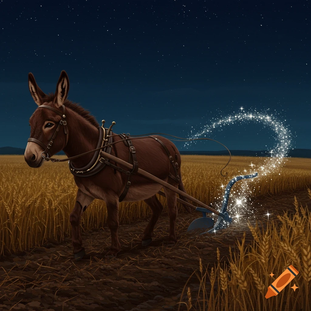 A brown donkey wearing a harness pulls a plow that emits magical sparkles through a golden wheat field under a dark, starry night sky.