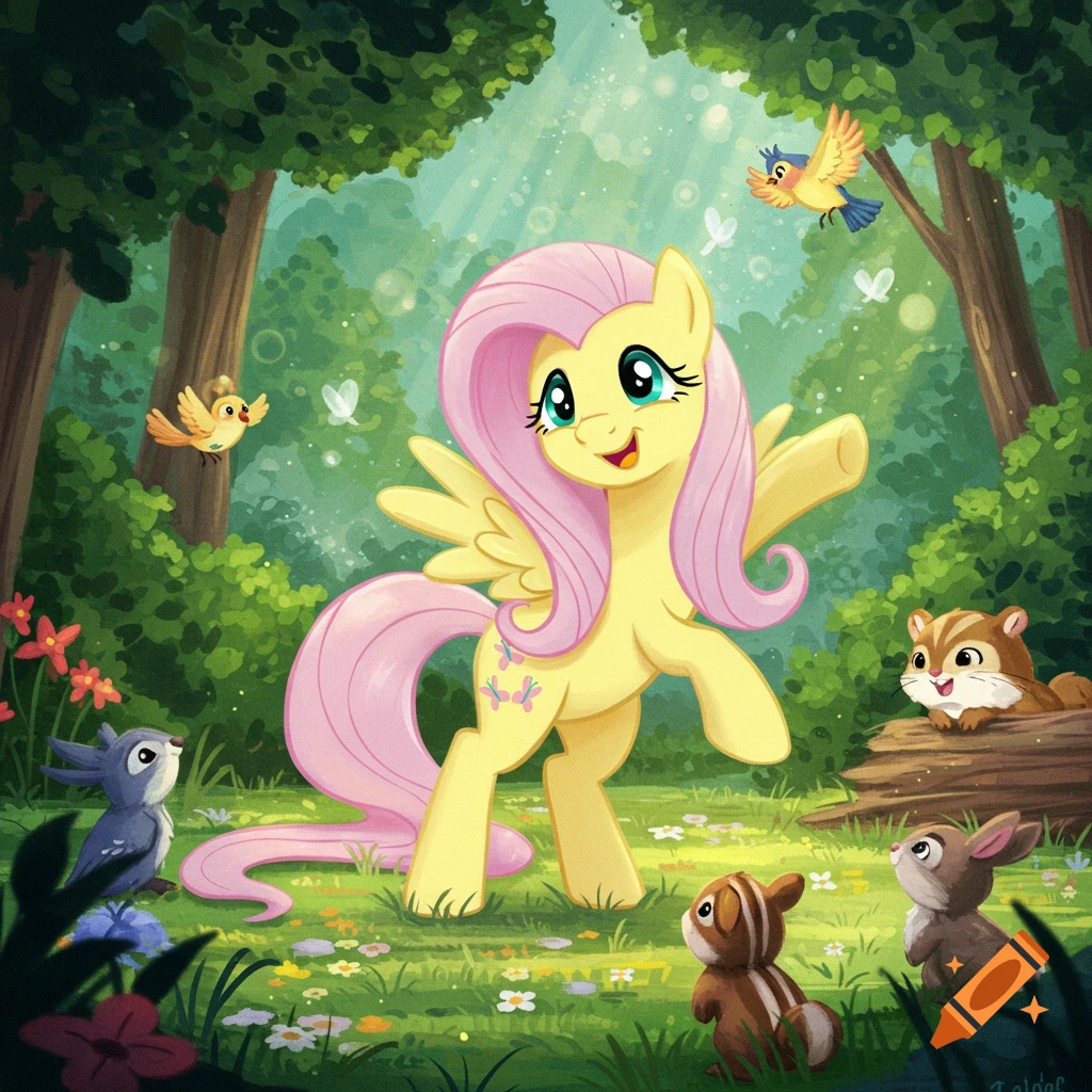 Fluttershy, a yellow pegasus with pink mane and tail, stands in a vibrant forest surrounded by small woodland creatures.