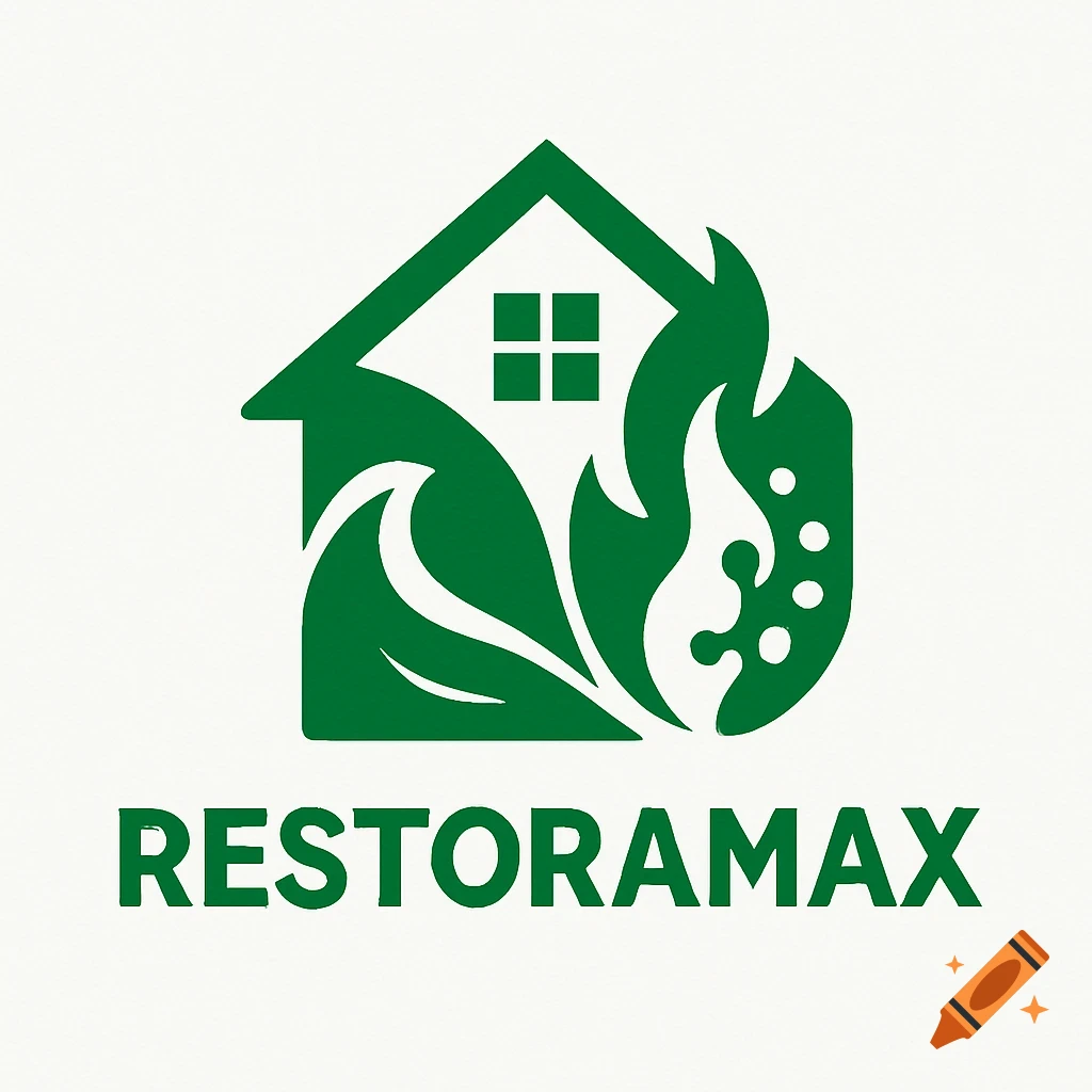 A green logo featuring a stylized house with leaves and fire elements, above the word "RESTORAMAX".