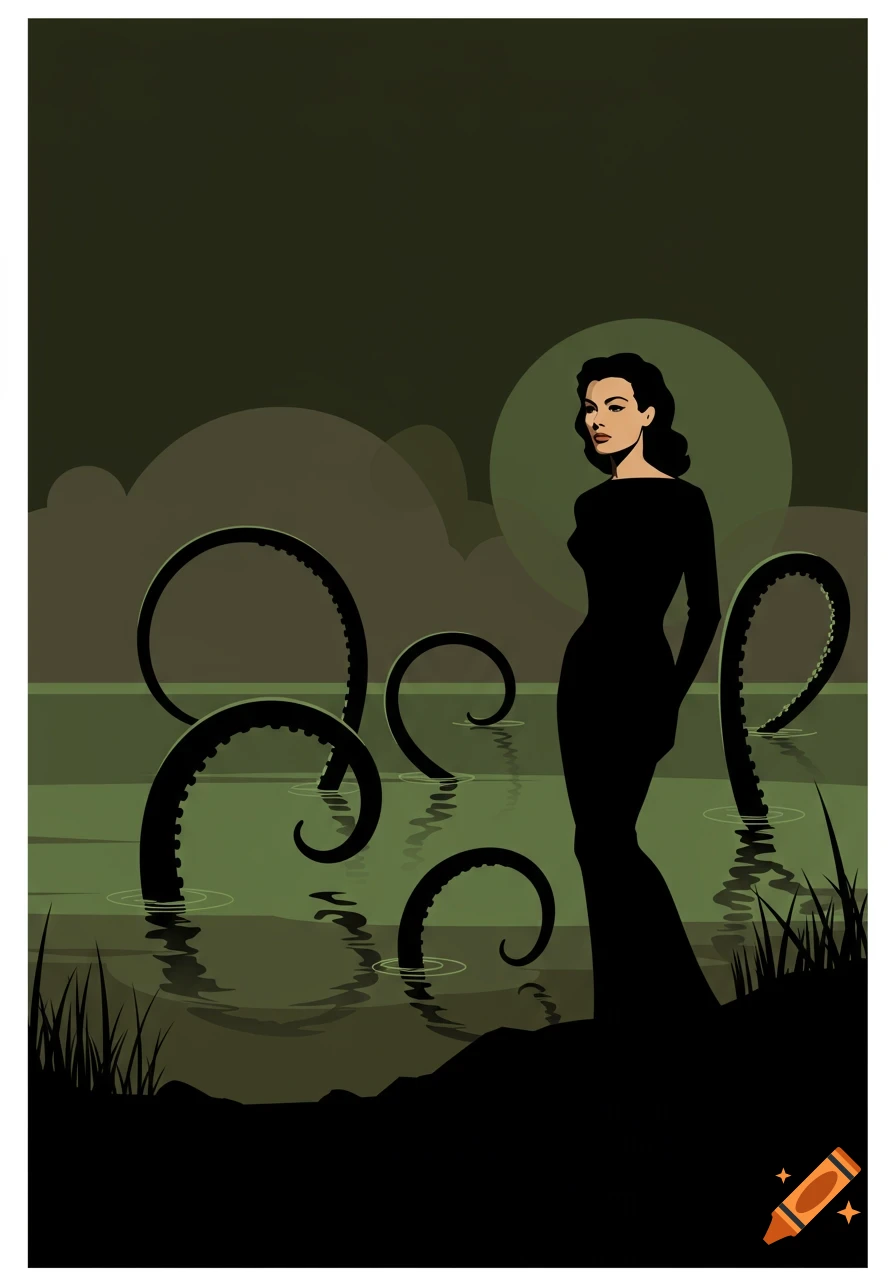 Retro woman in a black dress by a dark lagoon with large tentacles emerging from the water in a graphic, dark art style.