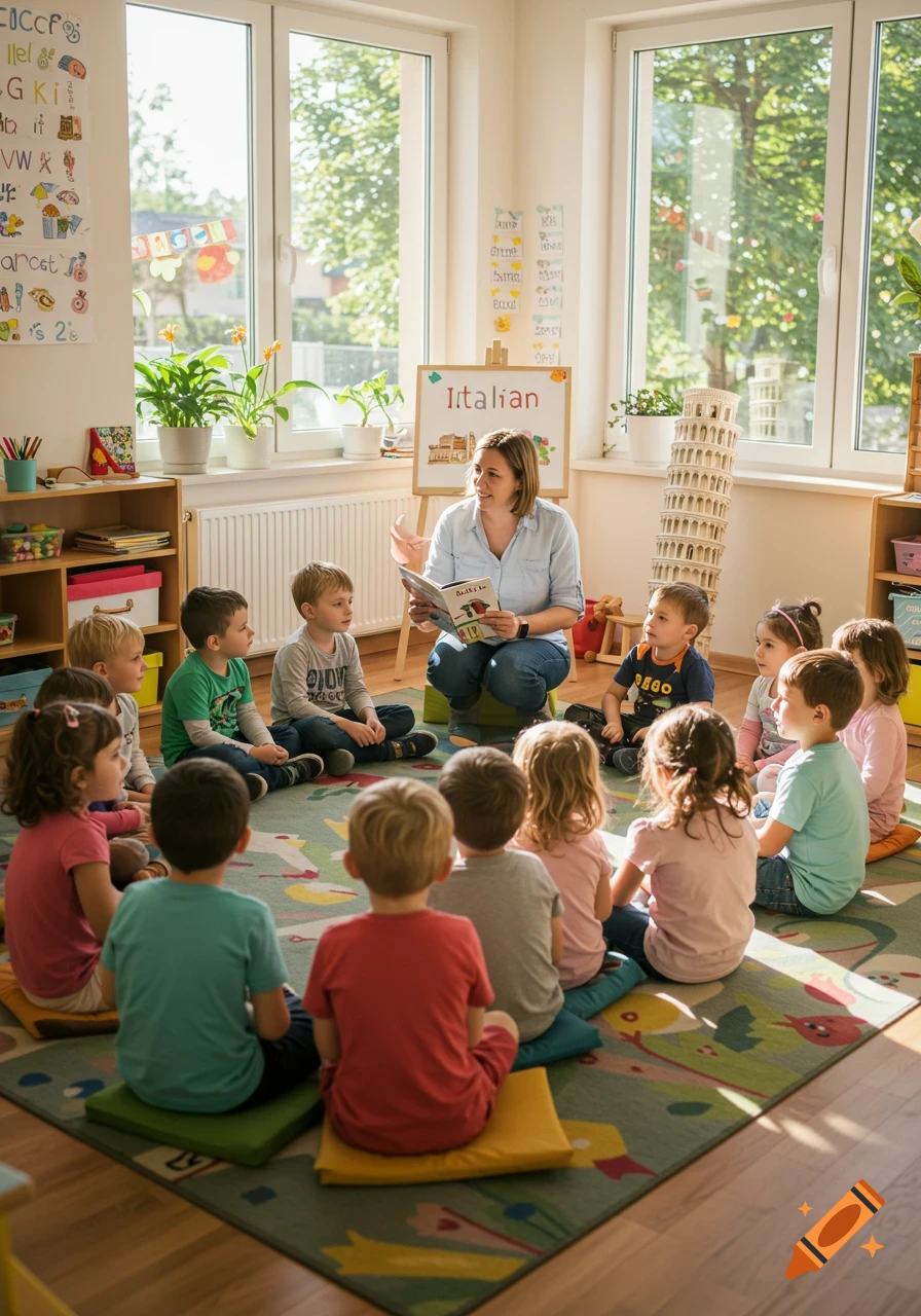 A teacher reads a book to a circle of young children sitting on cushions in a brightly lit classroom with Italian learning materials.
