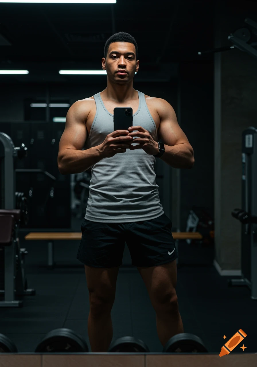 A muscular man in a grey tank top and black shorts takes a mirror selfie in a dark, modern gym.