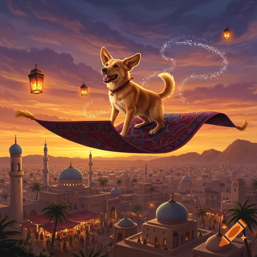 A happy golden-brown dog stands on a flying magic carpet over a vibrant Arabian city at sunset, with mountains in the distance.