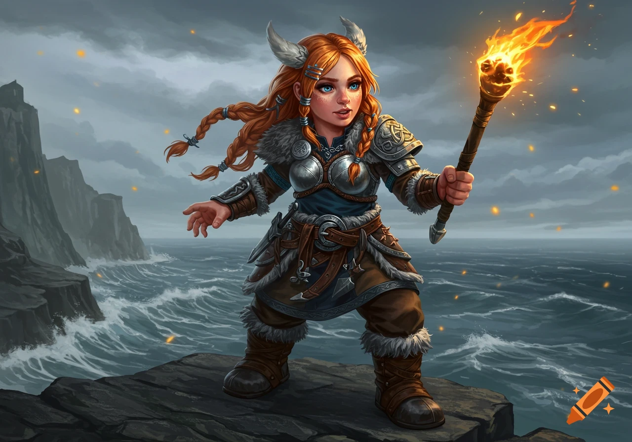 A dwarf girl Viking with red braids, a horned helmet, and armor stands on a cliff holding a torch, with a stormy sea behind her.