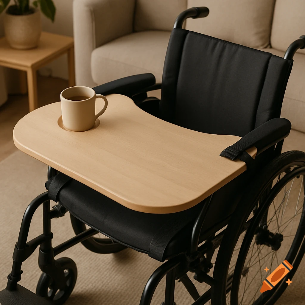 A light wood attachable table tray with a beige mug sits on a black wheelchair in a cozy living room, photorealistic style.