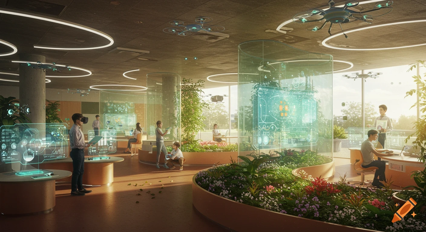 A bright, modern futuristic classroom with students and teachers interacting with holographic displays, VR headsets, and drones in a plant-filled space with natural light.
