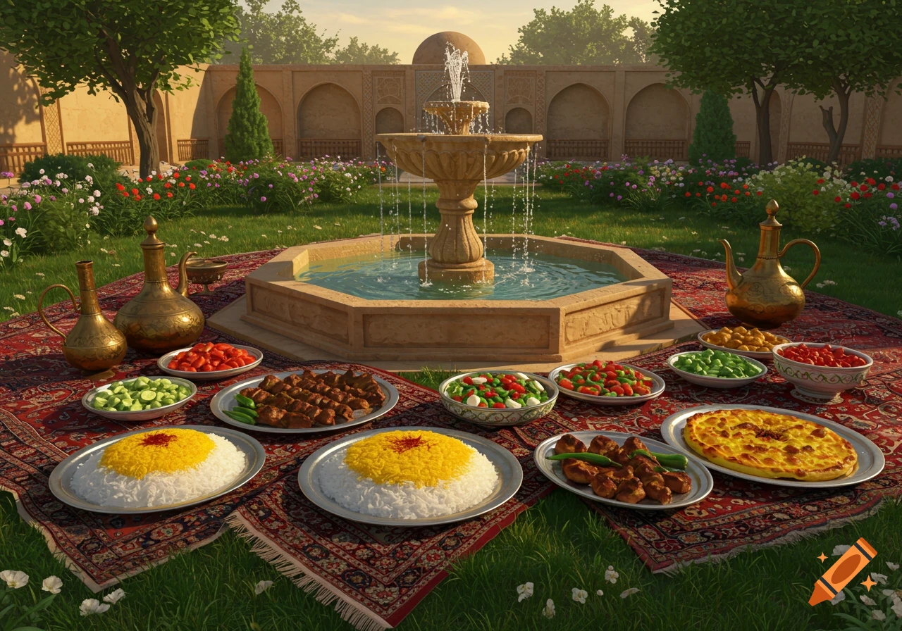 A traditional Persian meal spread on an ornate rug in a lush garden with a stone fountain and architectural elements.