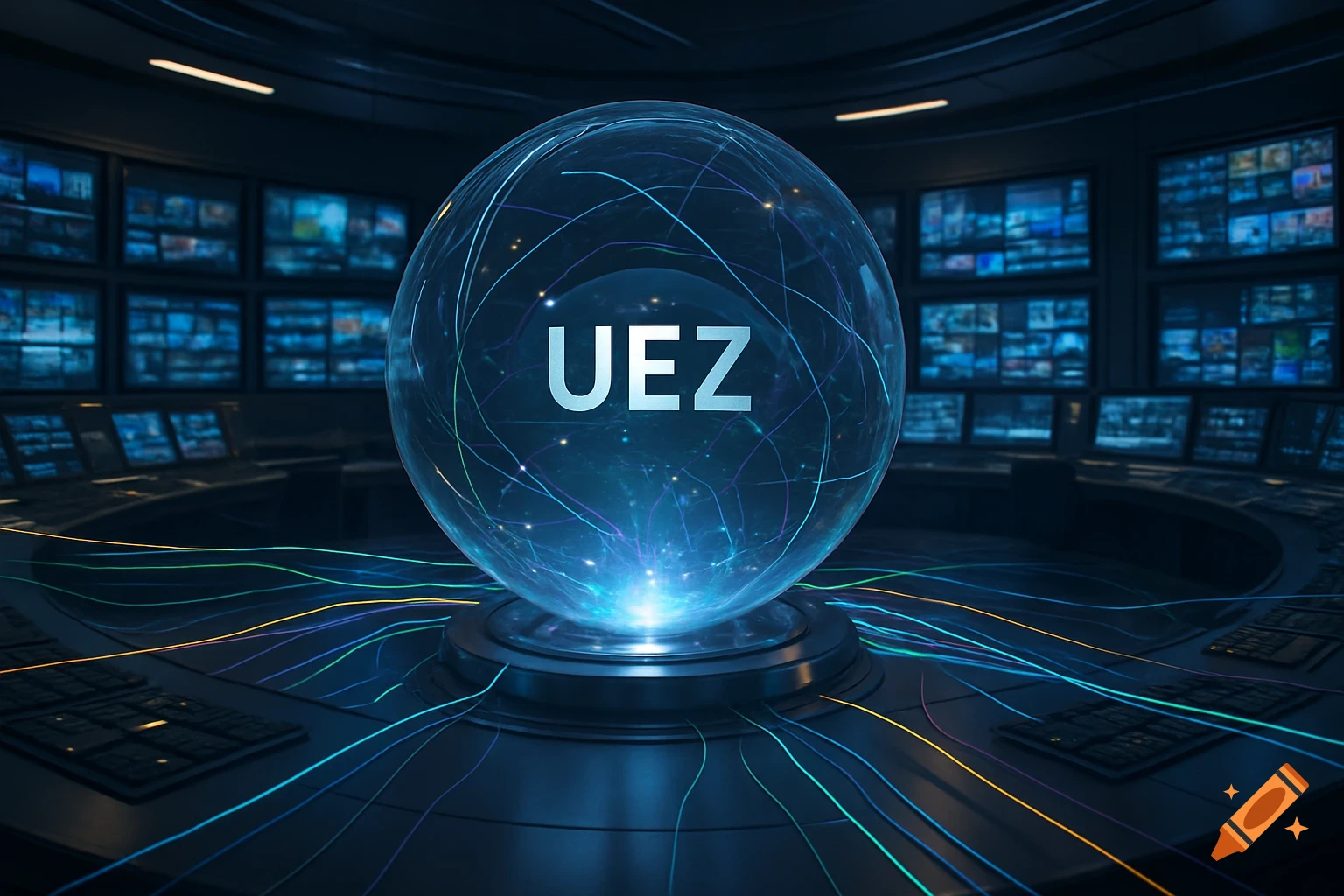 Photorealistic futuristic control room with numerous screens, a glowing sphere labeled 'UEZ' at the center, and colorful light trails.