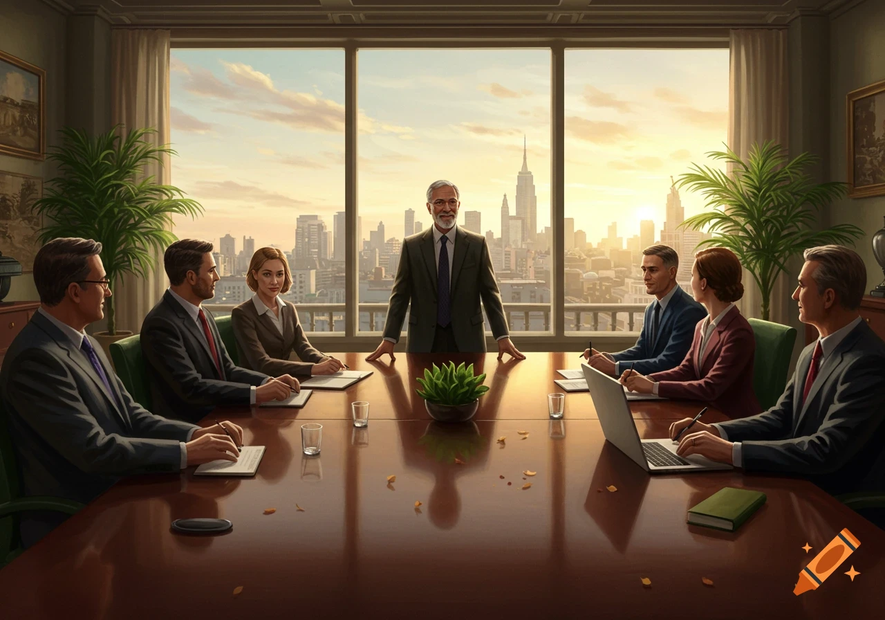 A diverse group of professionals in suits meets around a large wooden table in a boardroom, with a male leader standing at the head. A panoramic window overlooks a sunny city skyline at sunset. Photorealistic style.