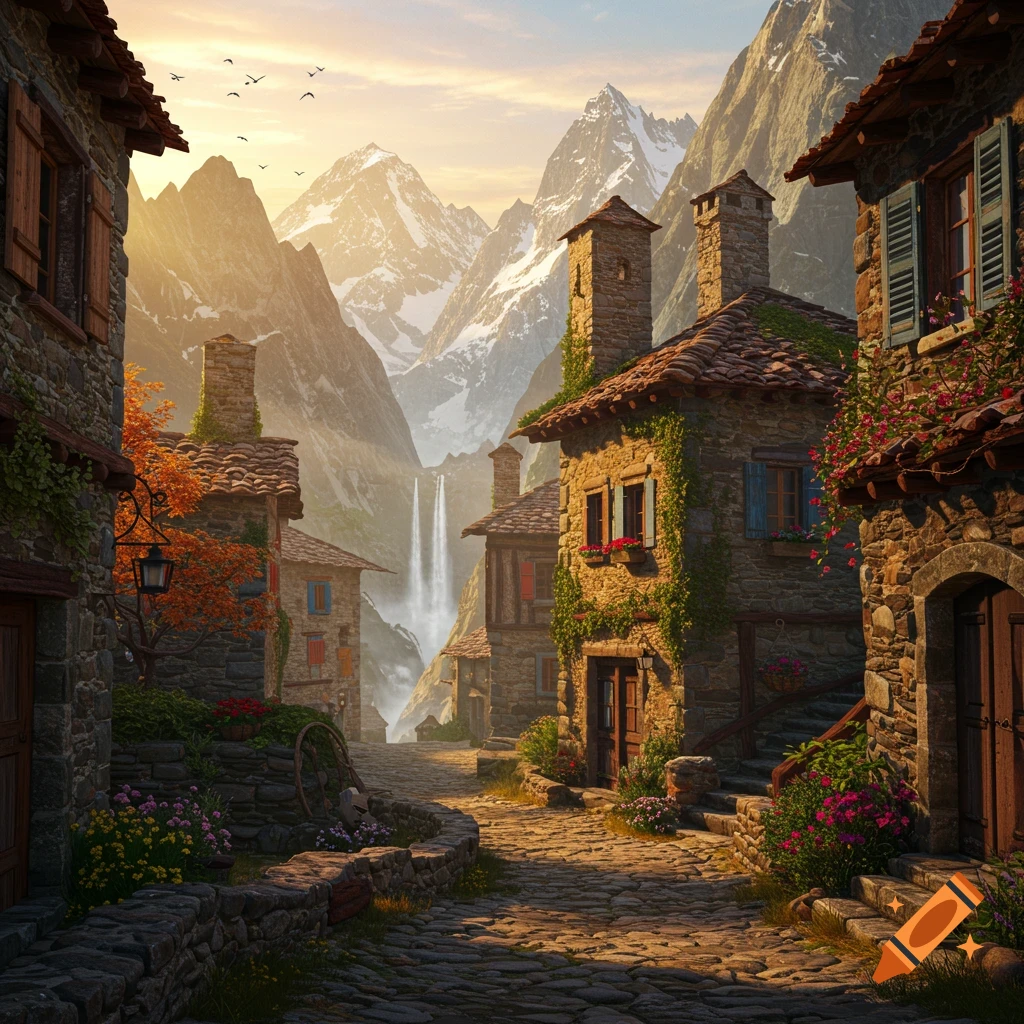 Photorealistic mountain village with stone houses, a cobblestone street, a waterfall, and snow-capped peaks under a sunset sky.