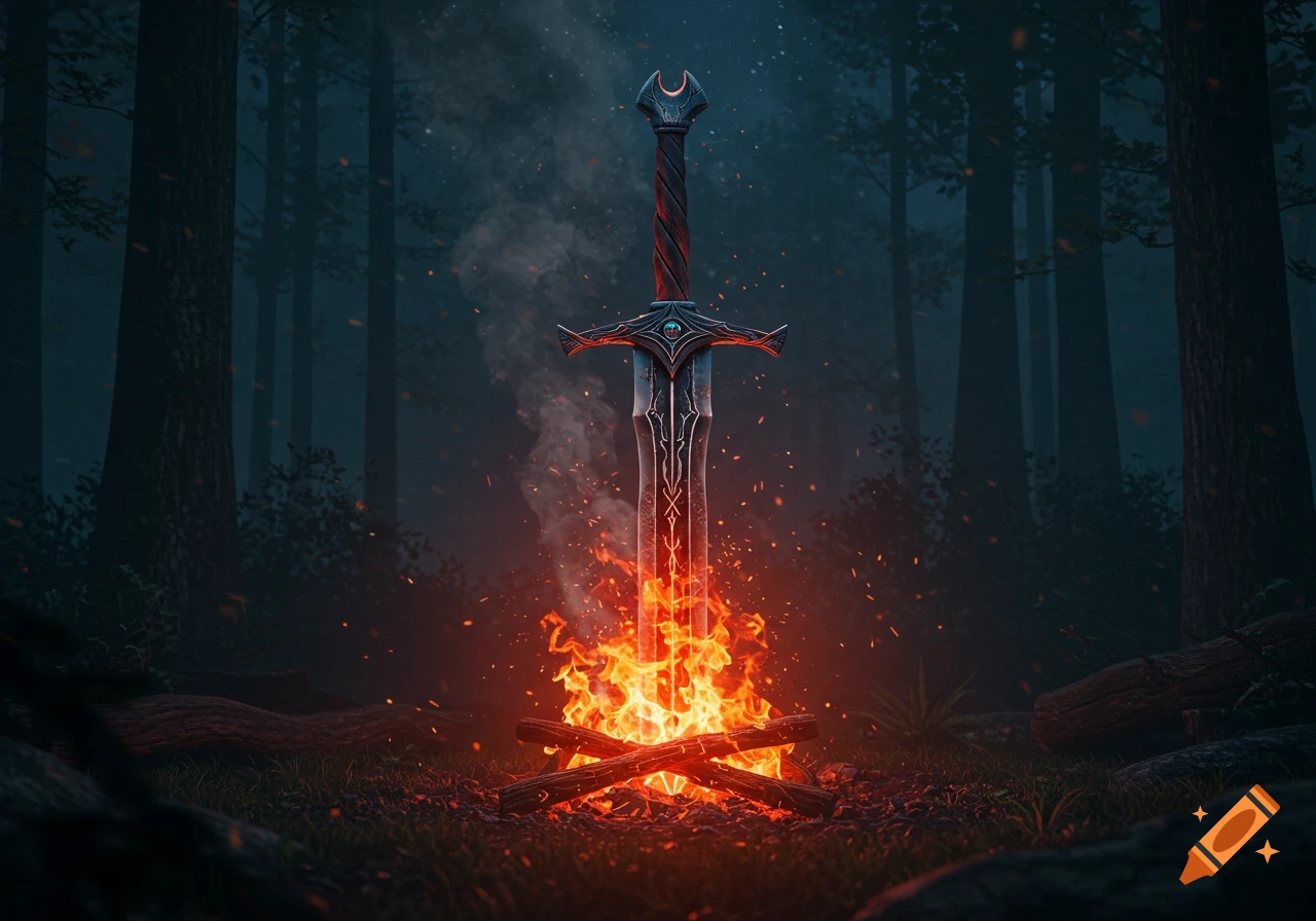 An ornate fantasy sword is plunged hilt-deep into a roaring bonfire in a dark, misty forest at night.