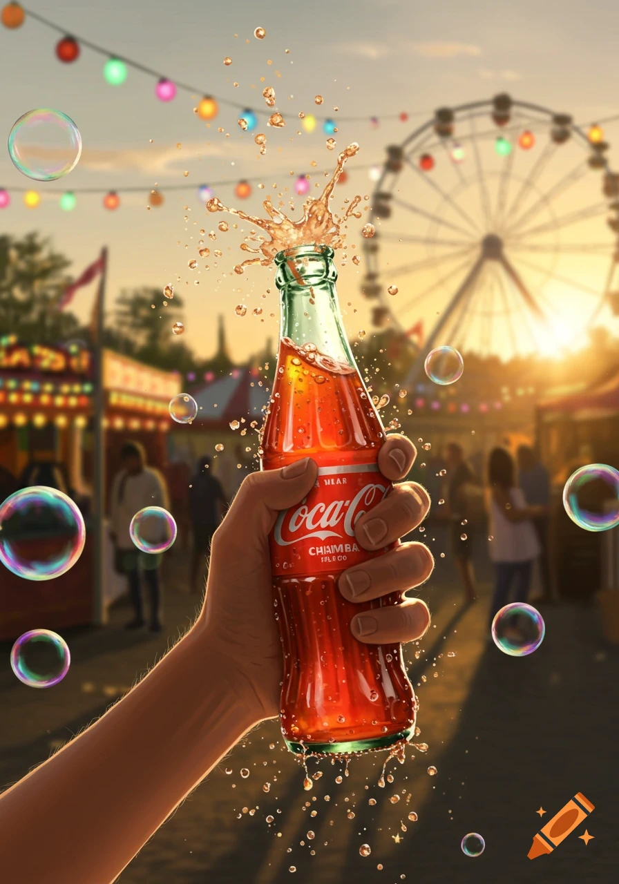 A hand holds a splashing Coca-Cola bottle at a vibrant fairground with a Ferris wheel and string lights at sunset, with bubbles.