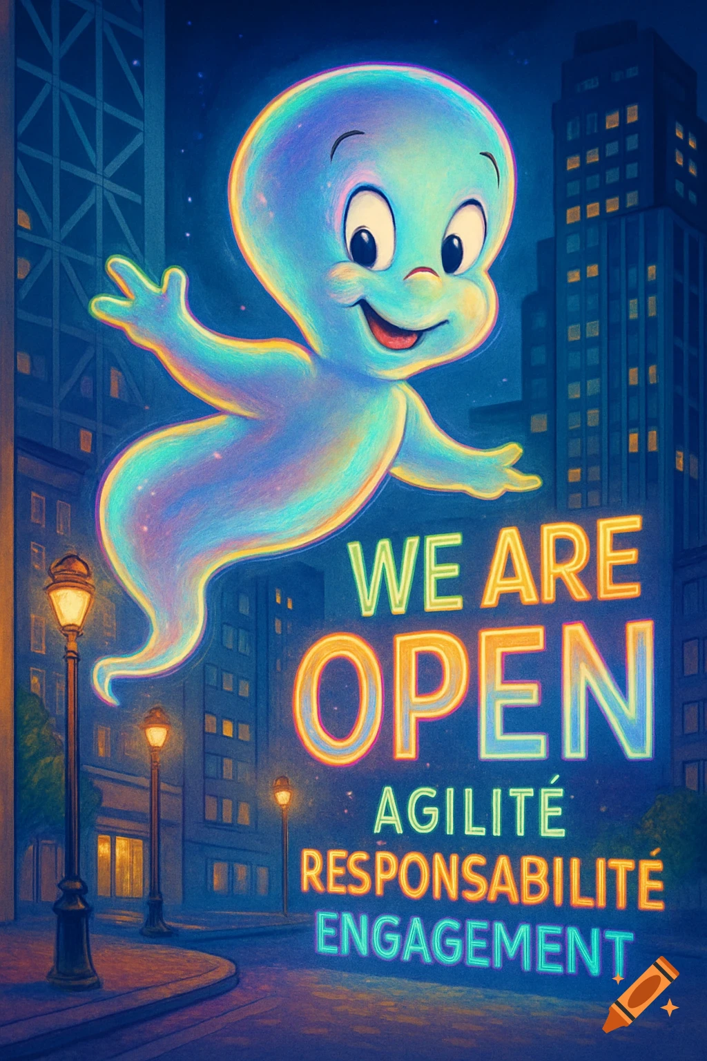 Vibrant illustration of Casper the Friendly Ghost floating over a neon-lit city street at night, with the text 'WE ARE OPEN AGILITÉ RESPONSABILITÉ ENGAGEMENT'.