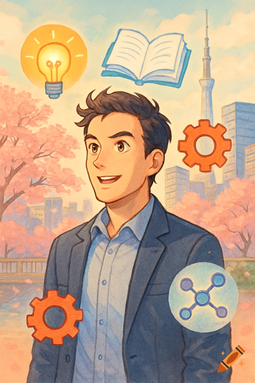 Illustrated man smiling in a city with cherry blossoms, surrounded by symbols of ideas, learning, and technology.