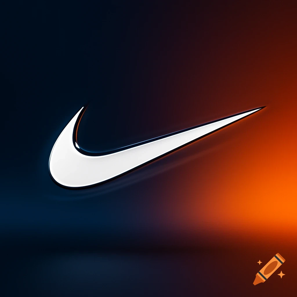 The white Nike swoosh logo with a metallic sheen, set against a dark blue and orange gradient background.