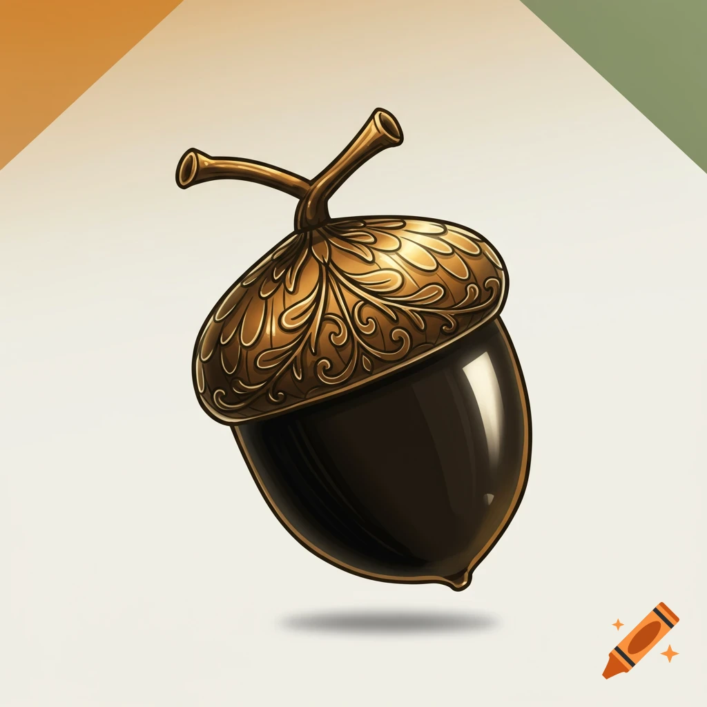 Stylized golden and dark brown acorn with an ornate cap, floating on a light background.